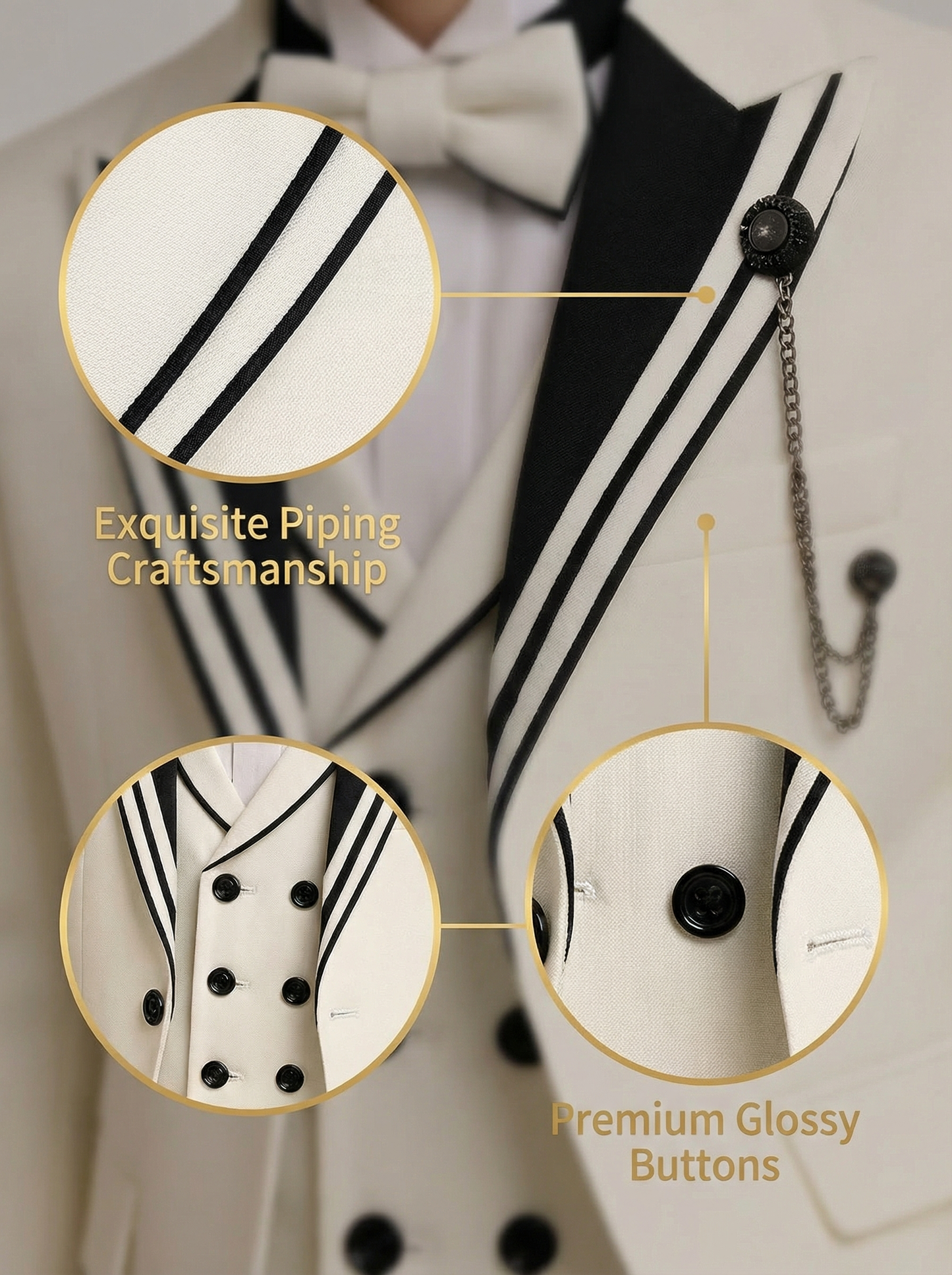 Boys Ivory Tuxedo for Weddings with Contrast Trim 3-Piece Suit