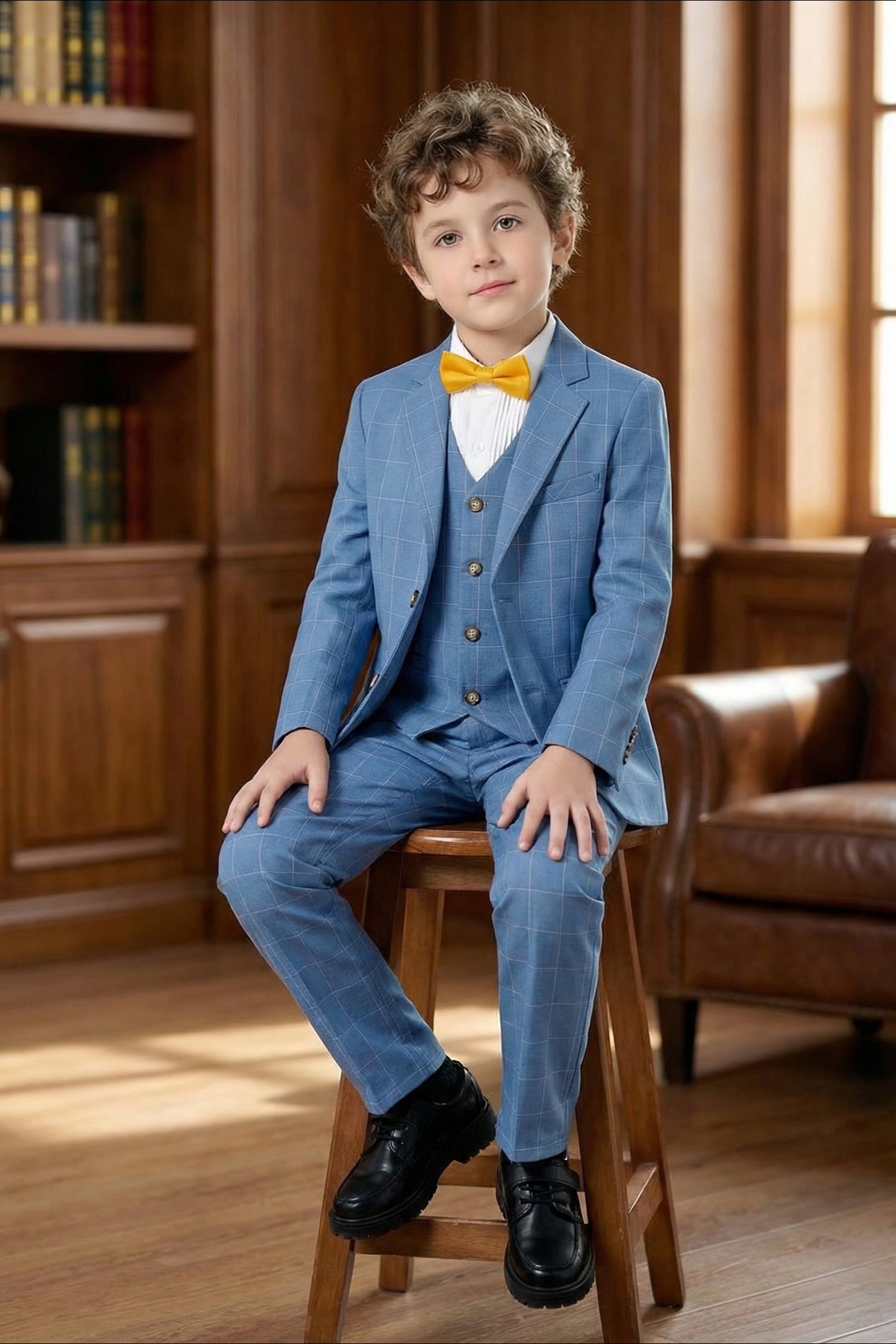 Boys Sky Blue Windowpane Check 3-Piece Suit for Weddings with Notch Lapel