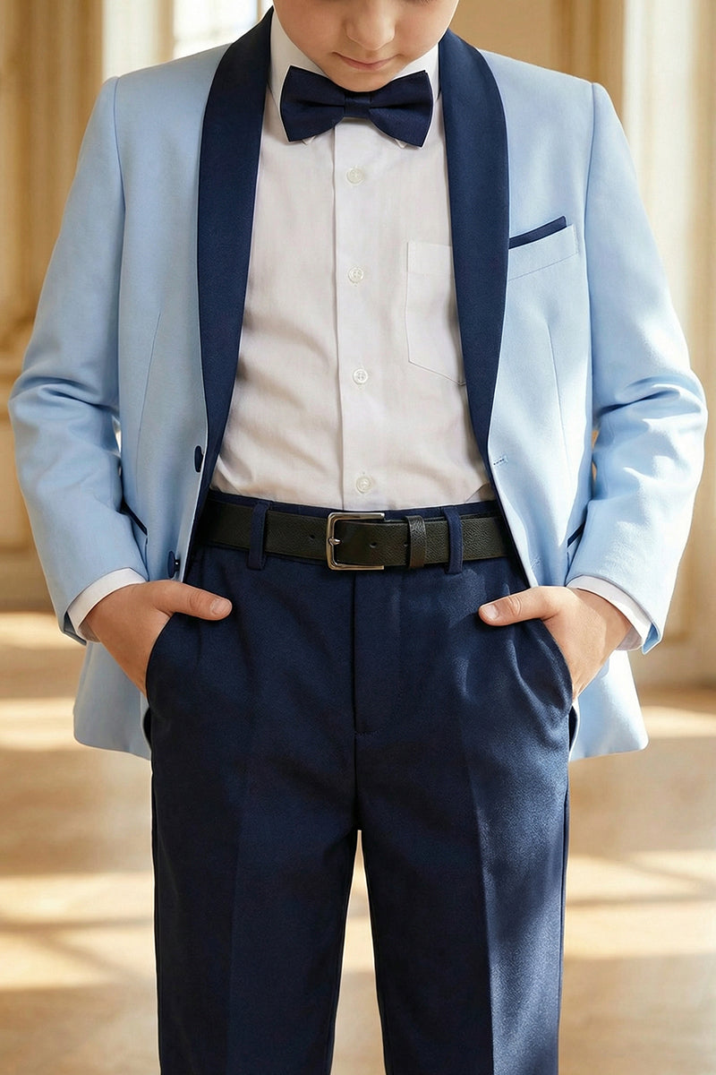 Boys Sky Blue Paired With Dark Blue Collared Trousers 2-Piece Suit