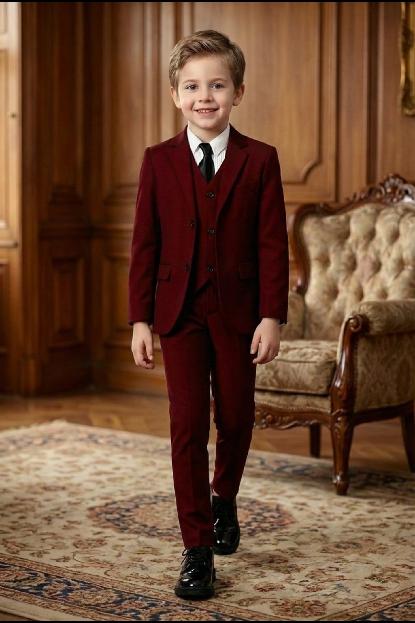 Boys Burgundy 3-Piece Suit for Weddings with Notch Lapel