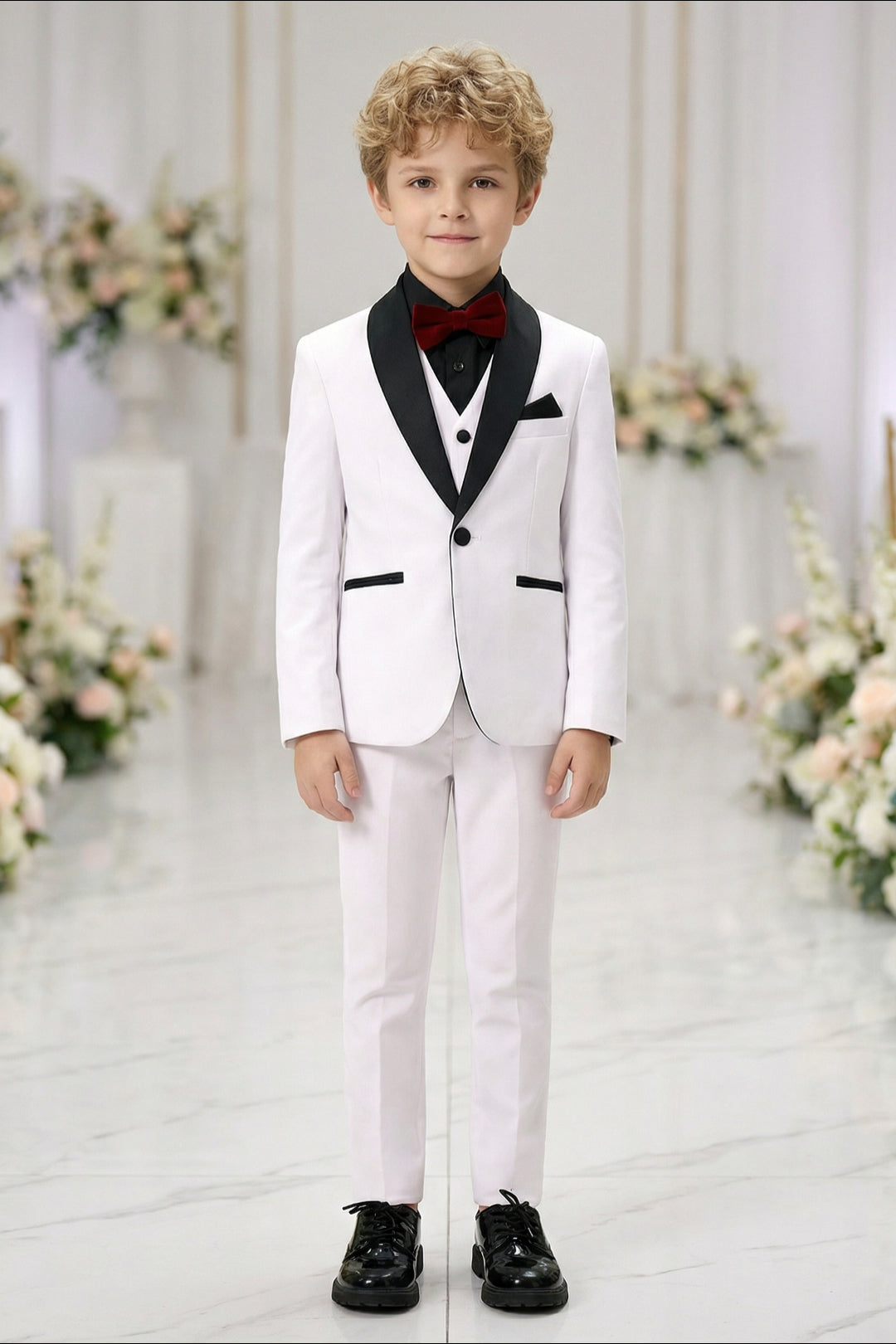 Boys White Tuxedo 3-Piece Suit with Black Satin Shawl Lapel