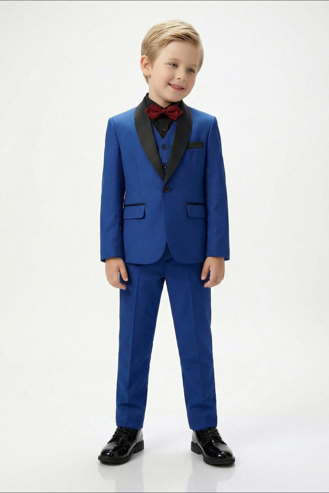 Boys Royal Blue Tuxedo 3-Piece Suit with Black Satin Shawl Lapel