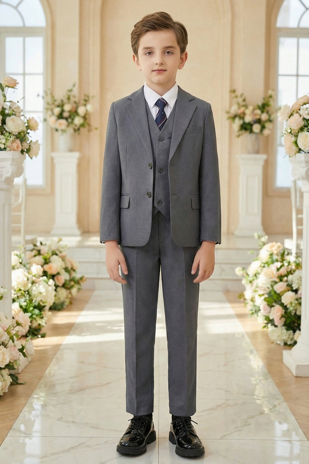 Boys Classic Grey 3-Piece Suit for Weddings with Notch Lapel