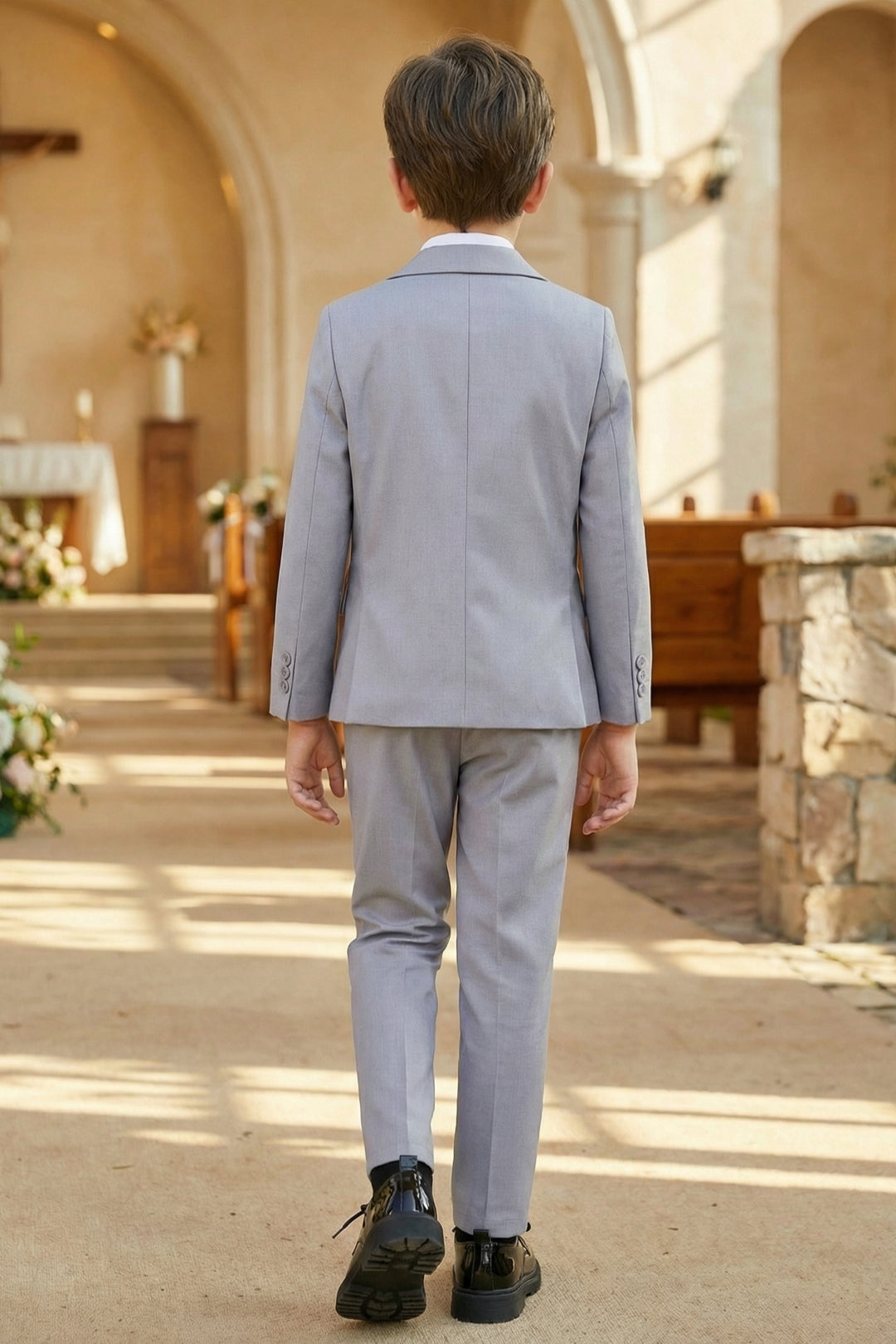 Boys Light Grey 3-Piece Suit for Weddings with Notch Lapel