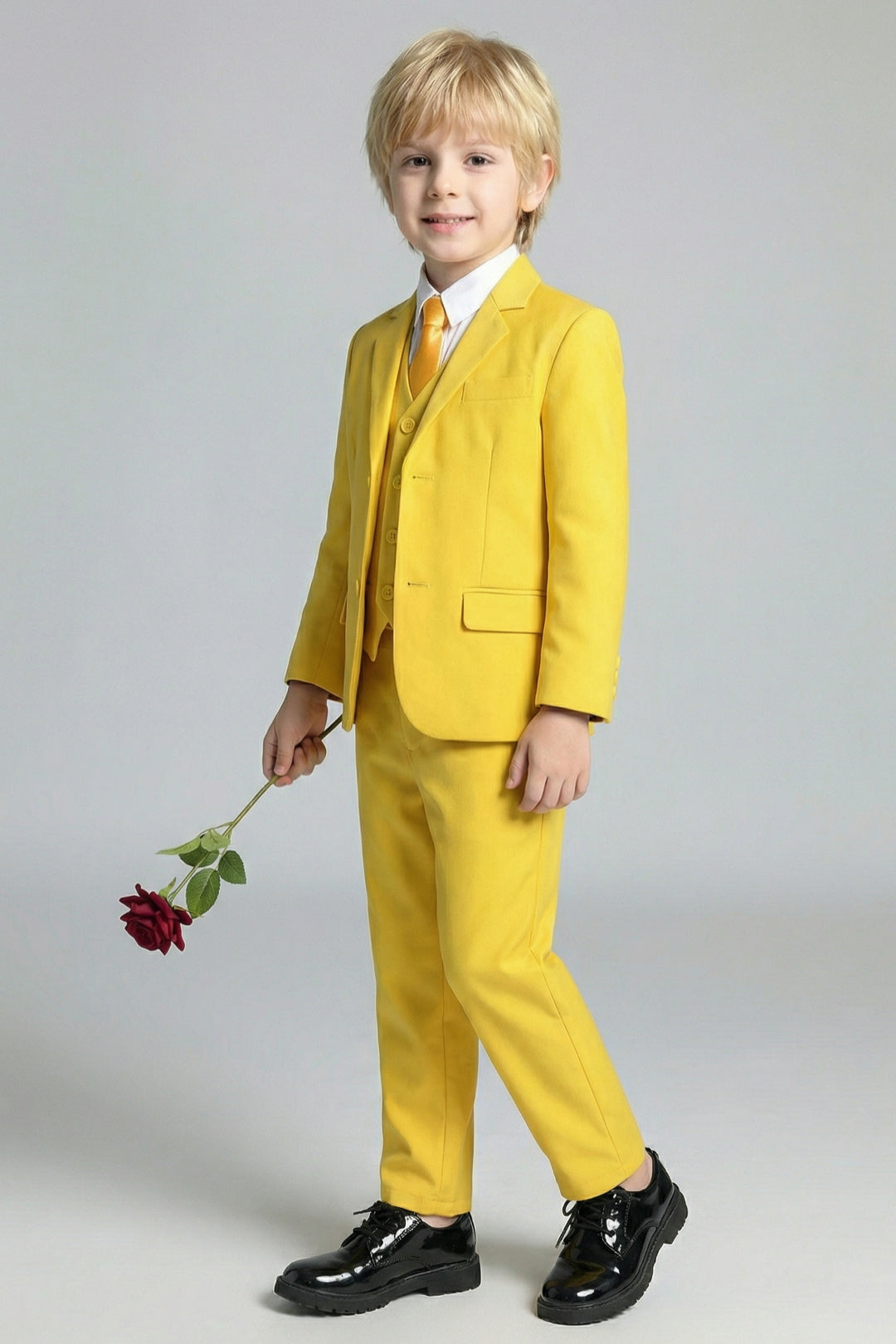 Boys Vibrant Yellow 3-Piece Suit for Weddings with Notch Lapel