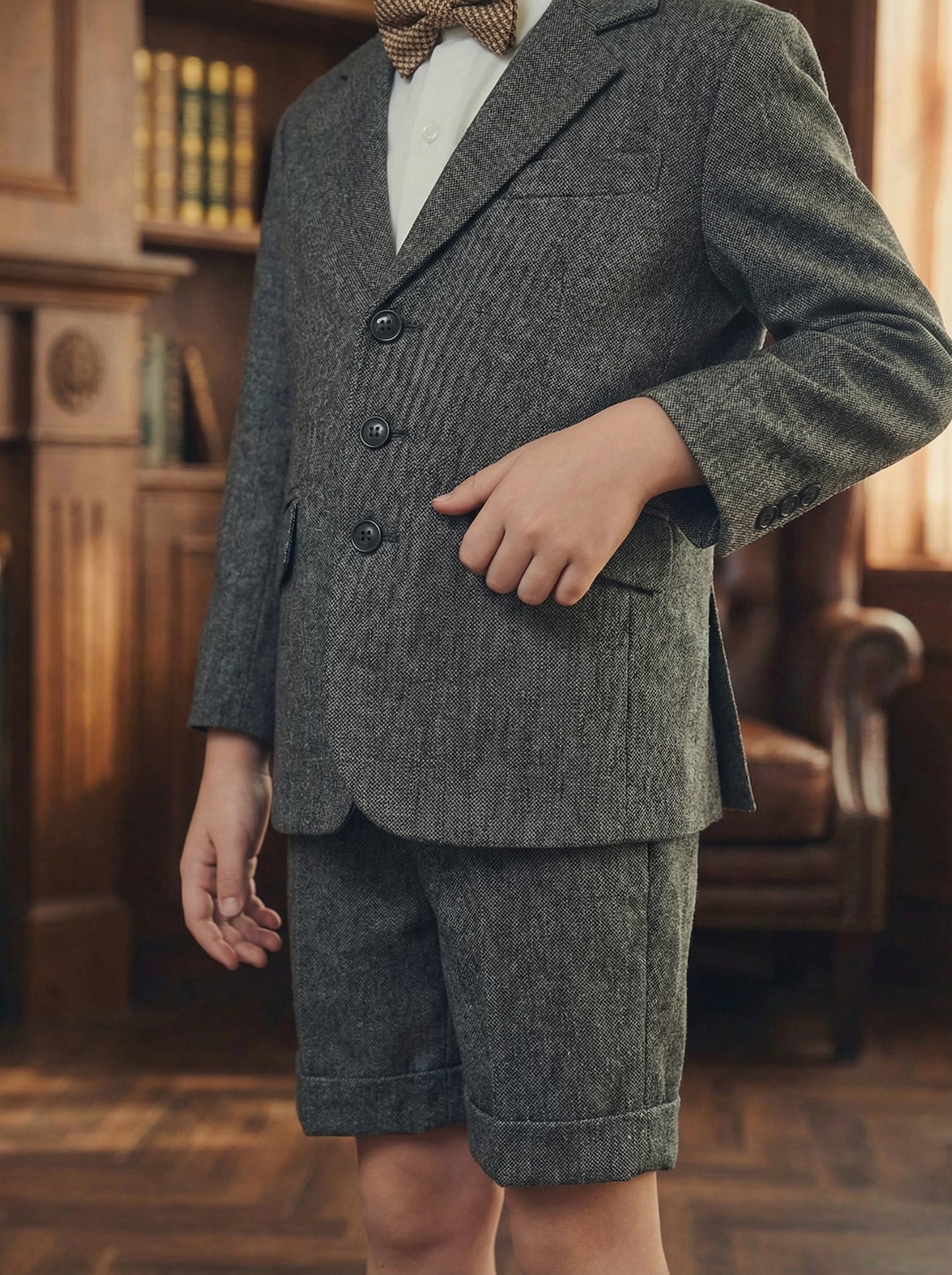 Boys Gray Herringbone Single-breasted 2-piece Suit