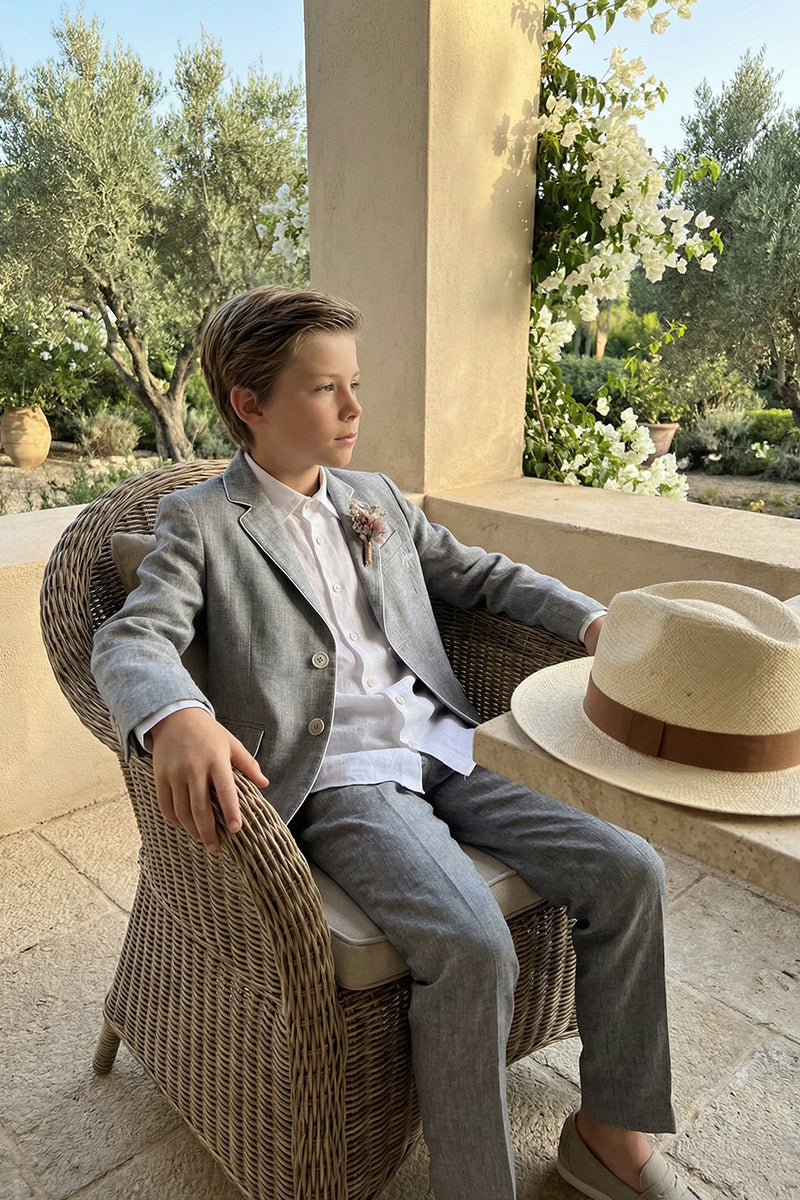 Boys Light Gray Linen Single-Breasted 2-Piece Suit
