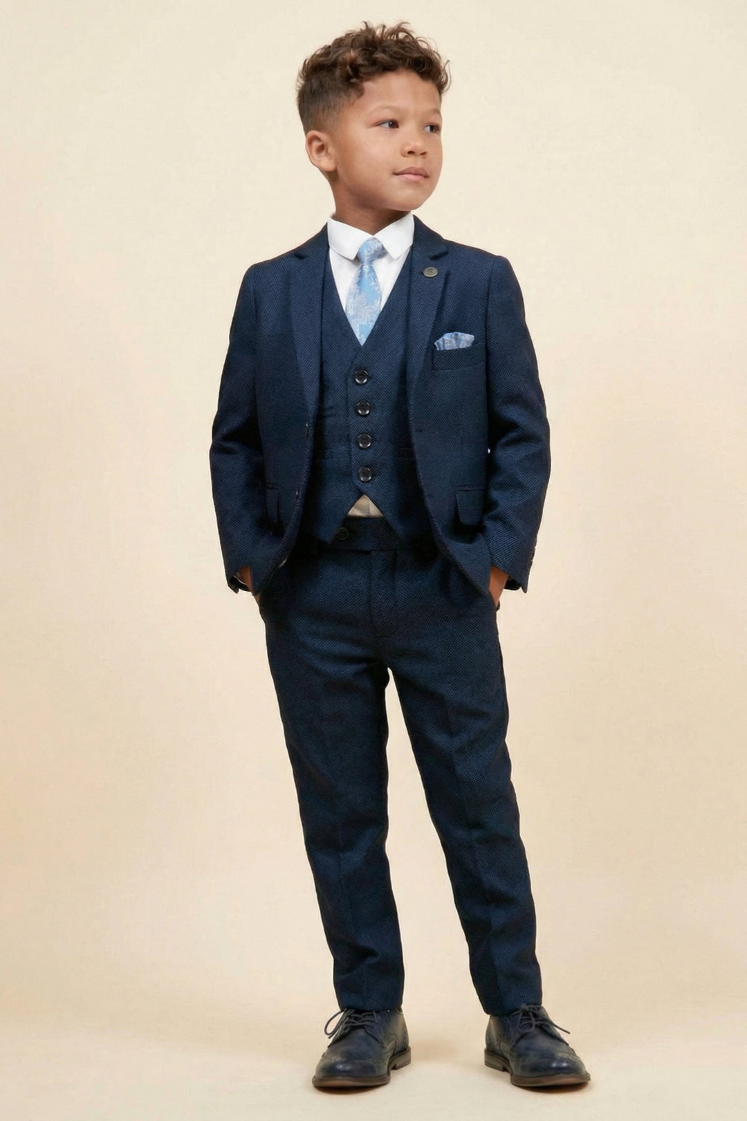 Boys Textured Navy Blue 3-Piece Suit for Weddings with Notch Lapel