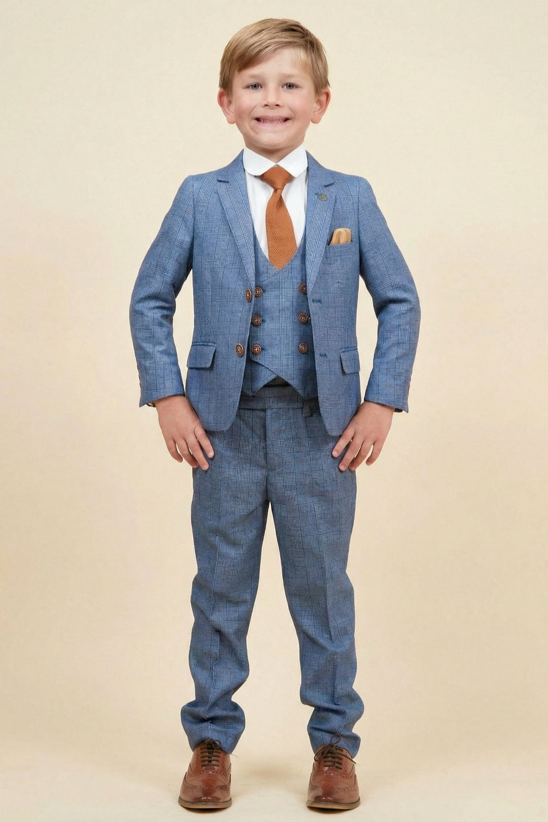 Boys Light Blue Checked 3-Piece Suit for Weddings with Notch Lapel