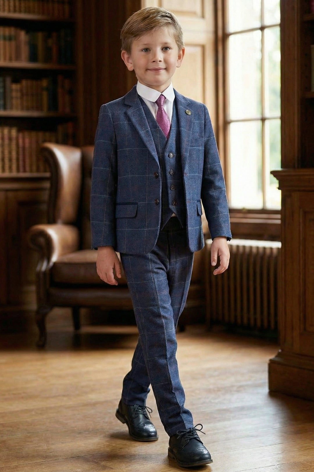 Boys Navy Blue Tweed Check 3-Piece Suit with Notch Lapel