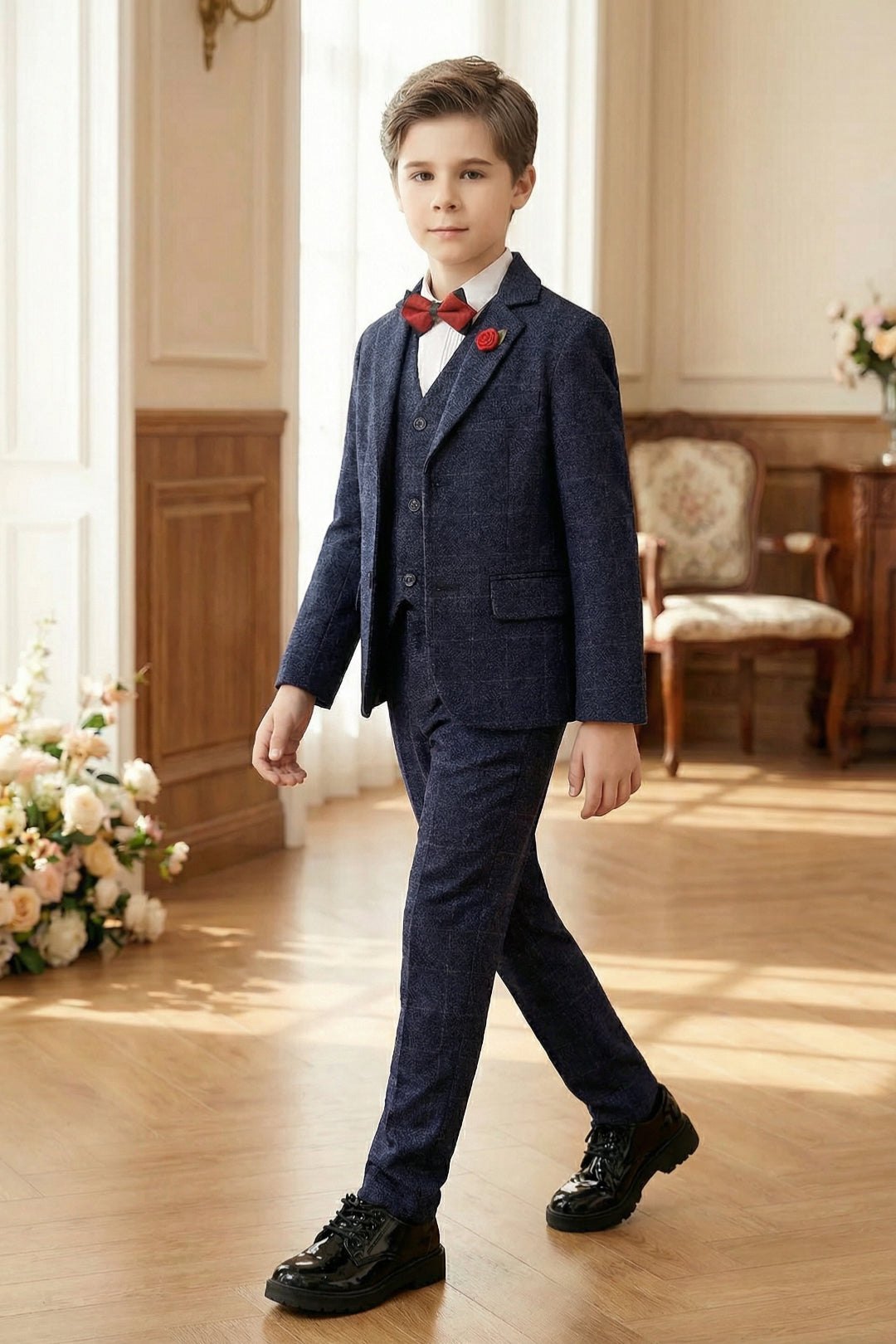Boys Navy Blue Tweed 3-Piece Suit with Notch Lapel