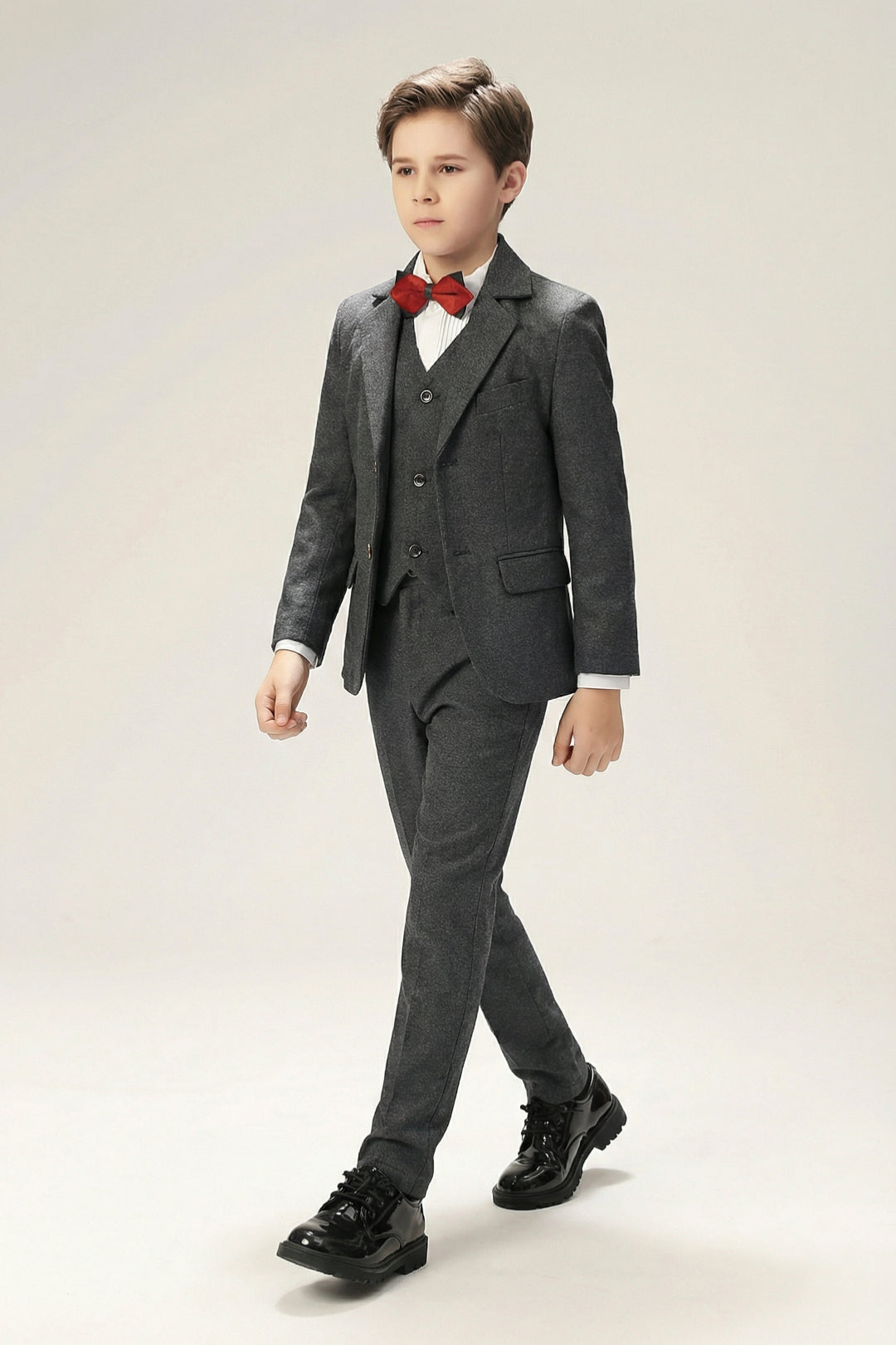 Boys Charcoal Tweed 3-Piece Suit with Notch Lapel