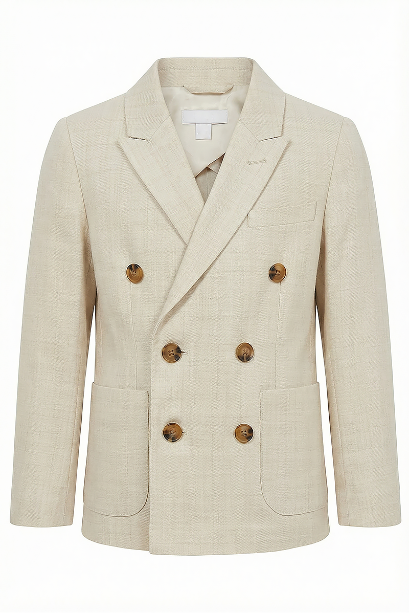 Boys Beige Double-Breasted Notch Lapel Blazer Jacket