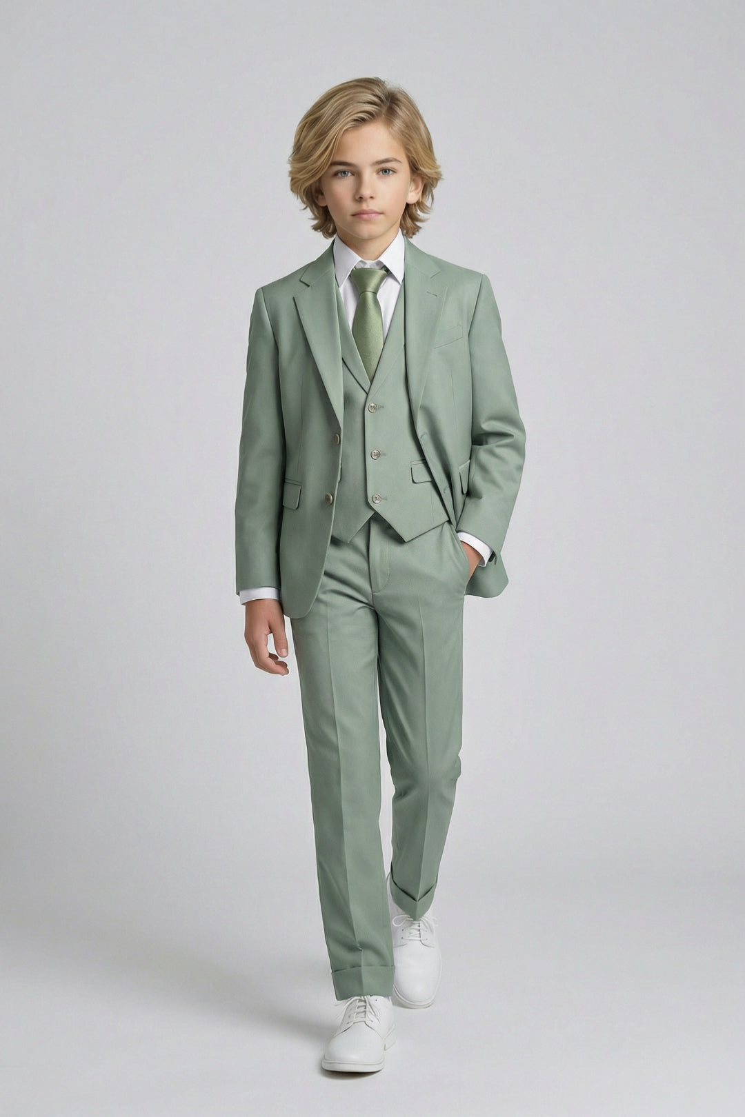 Boys Sage Green 3-Piece Suit with Notch Lapel