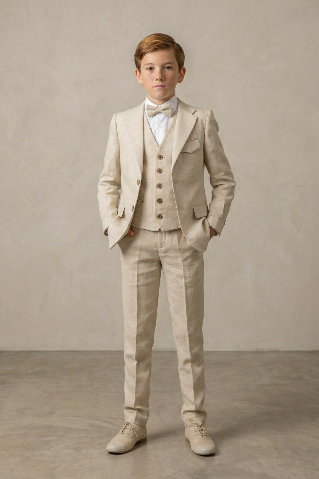Boys Natural Linen 3-Piece Suit with Notch Lapel