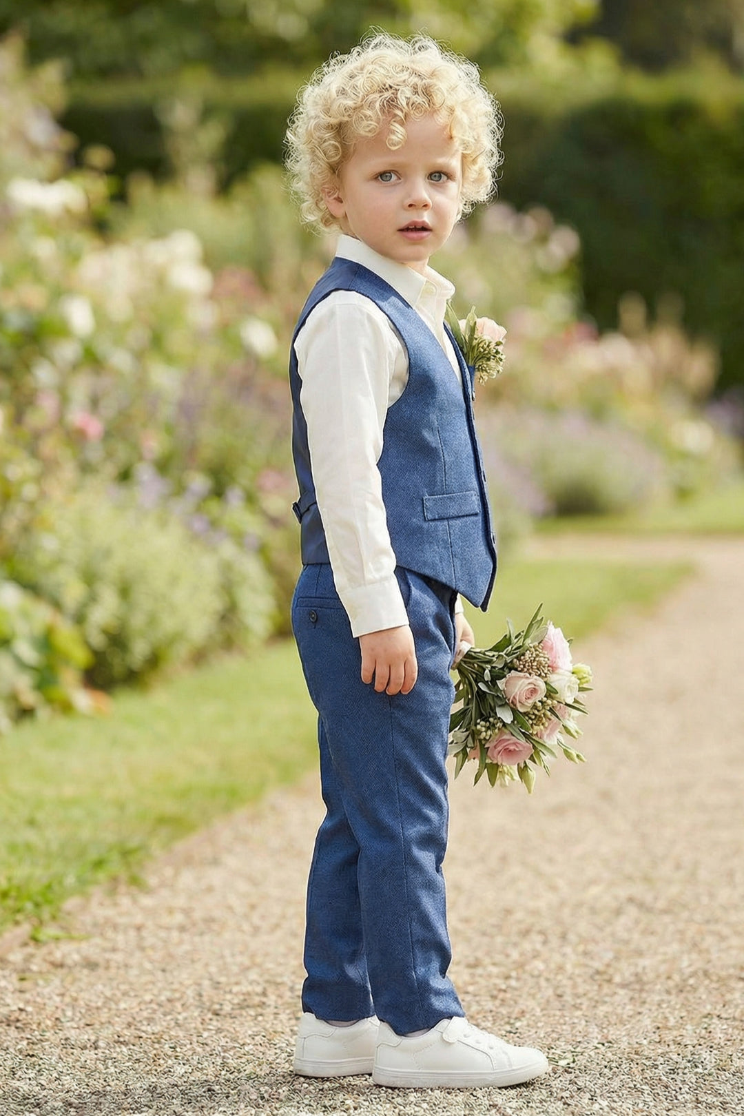 Boys Navy Blue Tweed Vest & Trousers Set