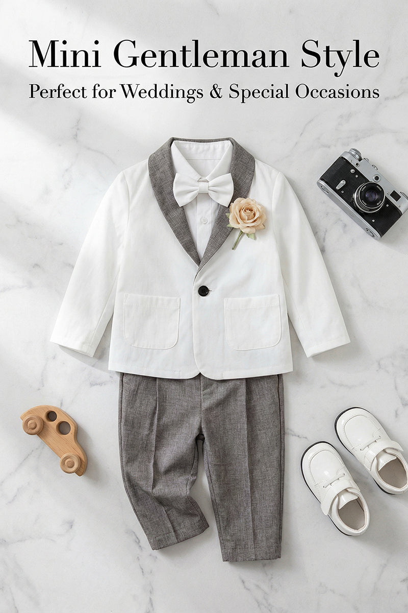 Boys White 2-Piece Suit with Grey Shawl Collar for Garden Weddings