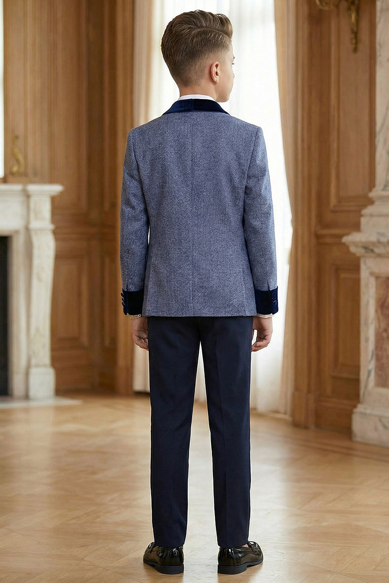 Boys Blue-gray Paired With A Navy Blue Velvet Collar Single-Breasted 2-Piece Suit