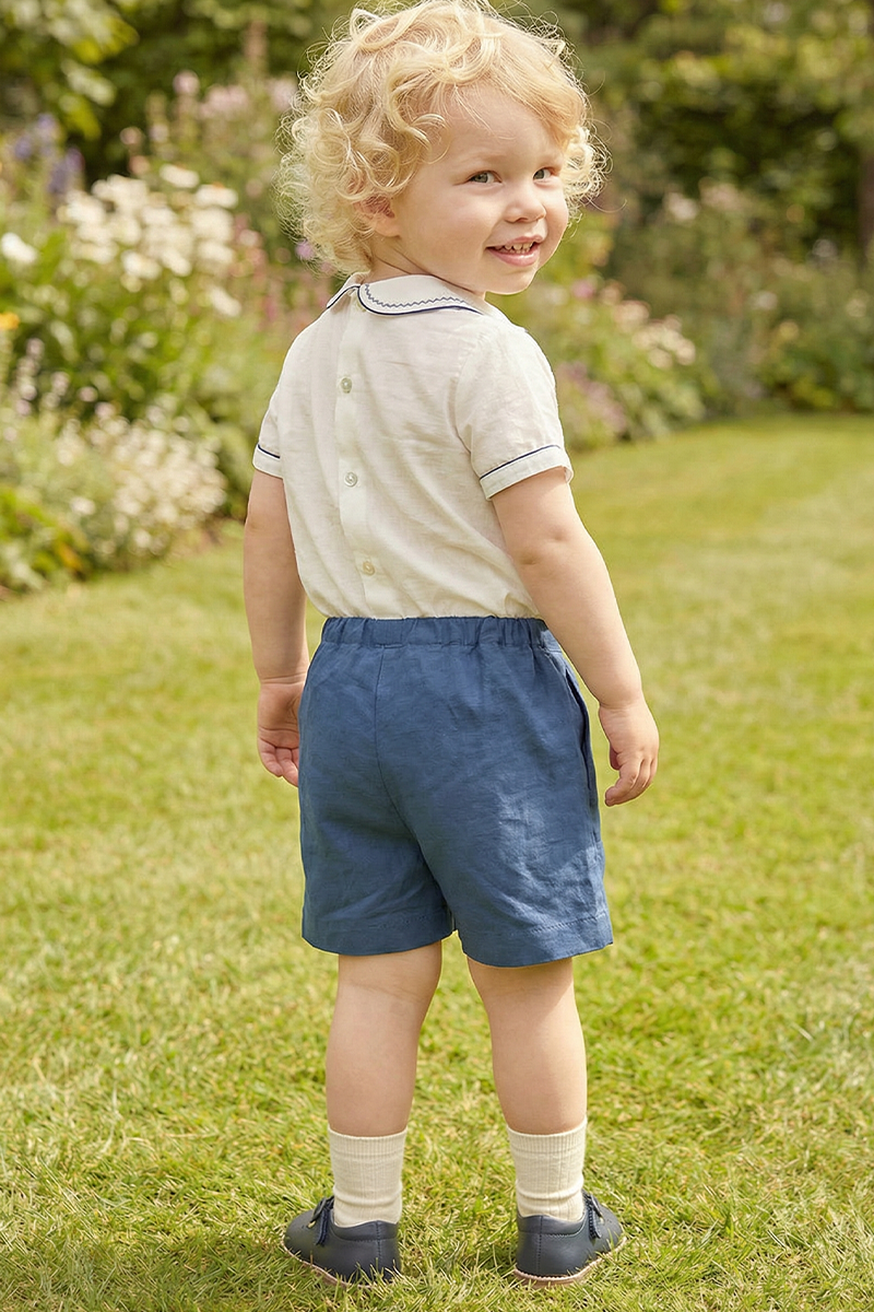 Boys Classic Blue Linen Shorts for Weddings with Tailored Fit(2-8YRS)