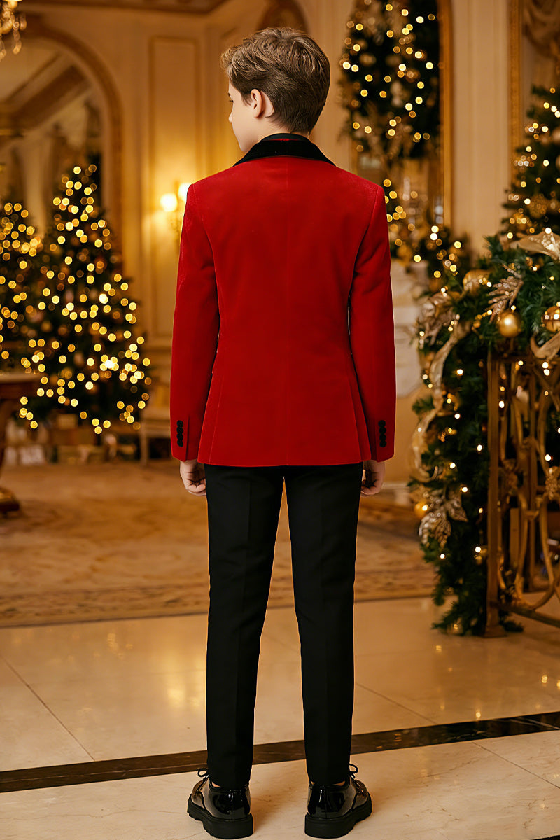 Boys Red Velvet Tuxedo 2-Piece Set with Black Satin Shawl Lapel