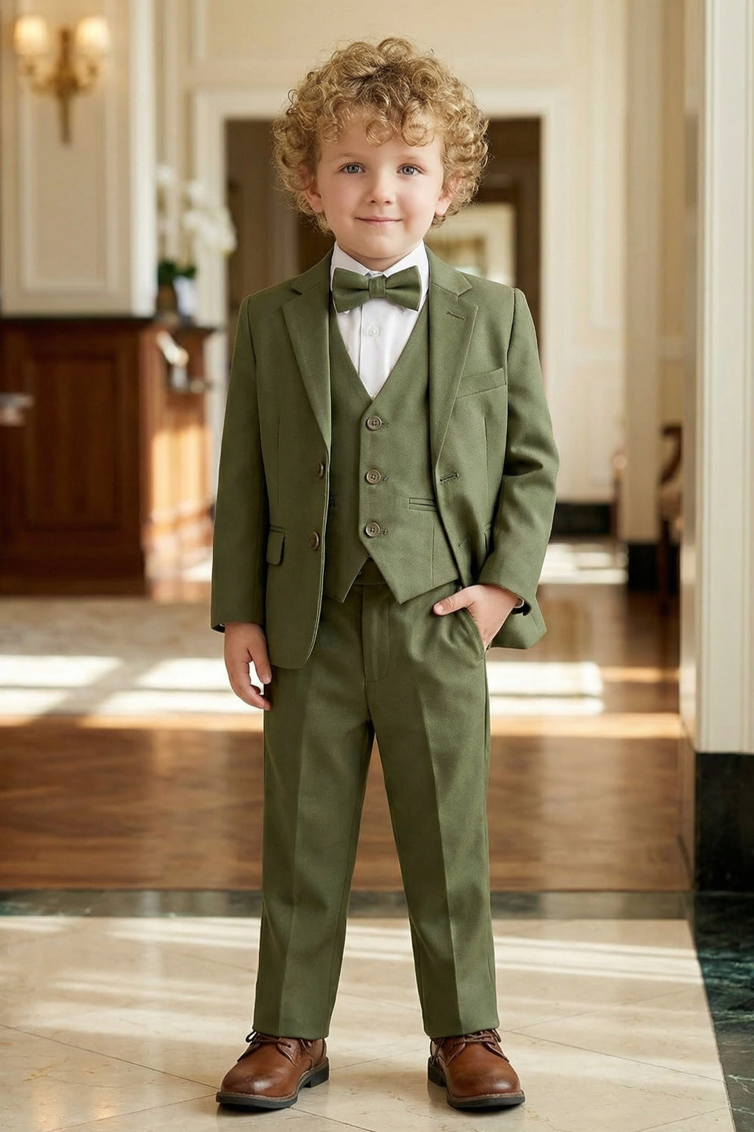 Boys Olive Green 3-Piece Suit with Notch Lapel