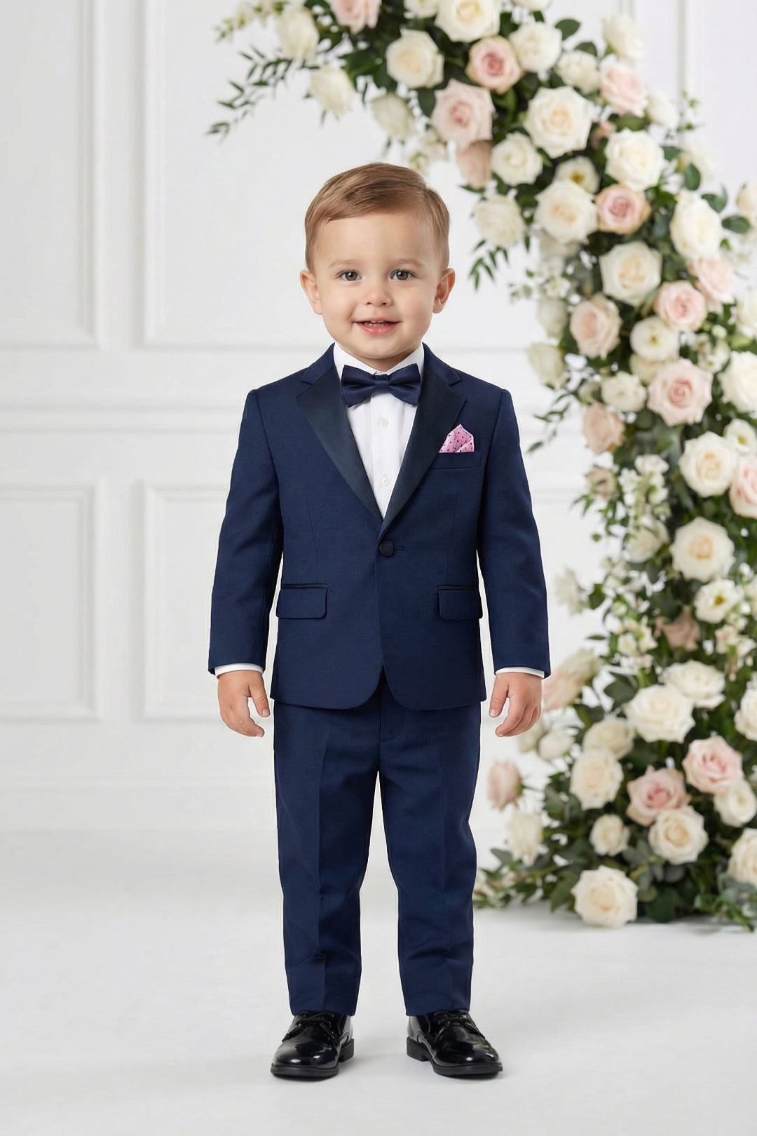 Boys Navy Blue Tuxedo 2-Piece Set with Black Satin Shawl Lapel