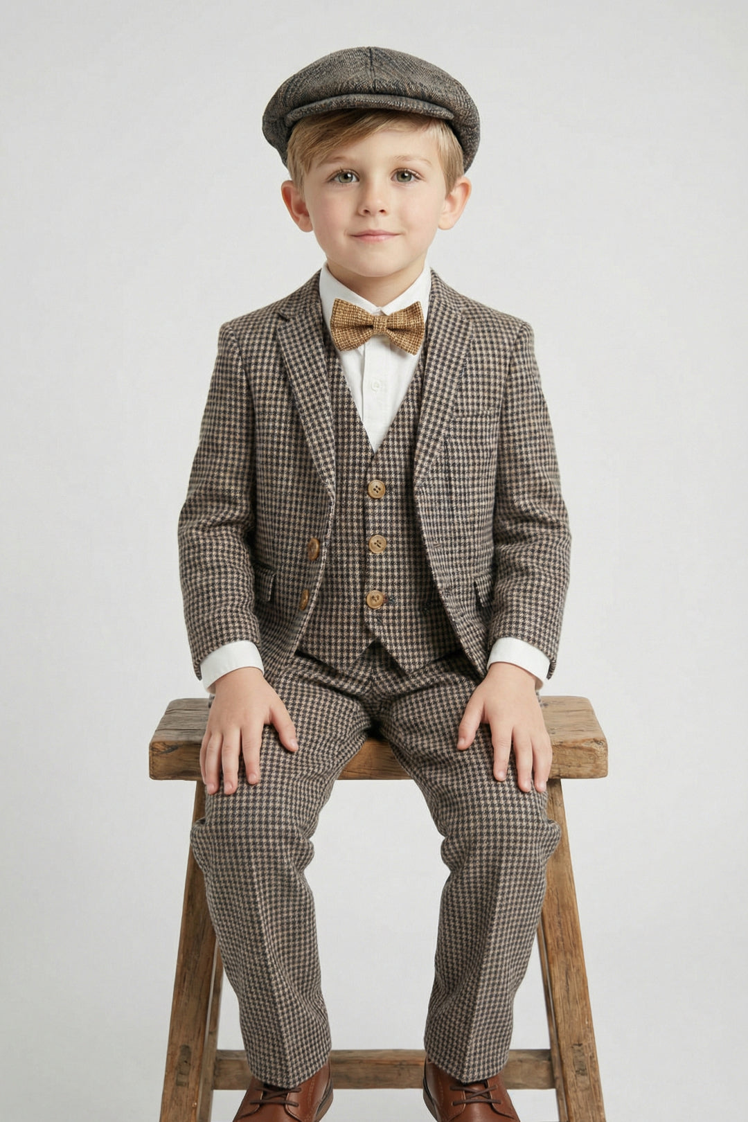 Boys Tweed Check 3-Piece Suit with Notch Lapel