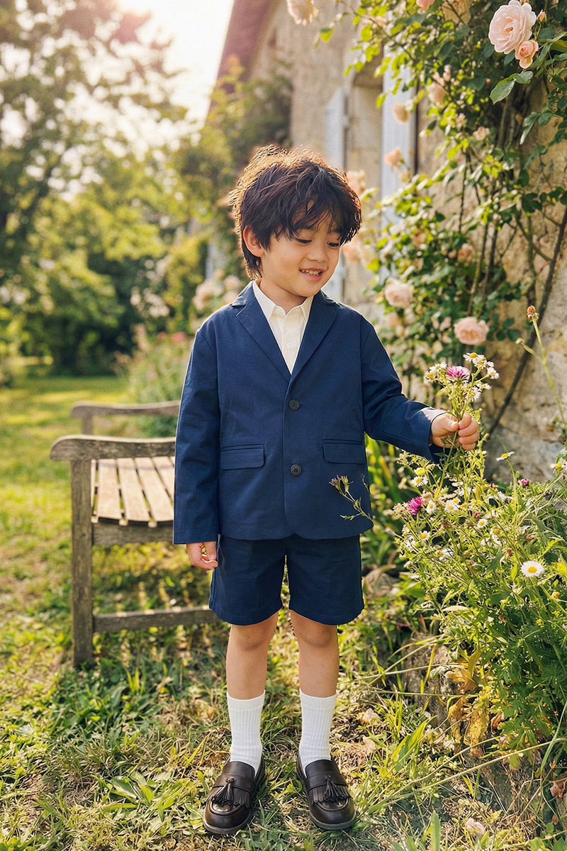 Boys Navy Blue Fish-mouth Collar Single-breasted Blazer