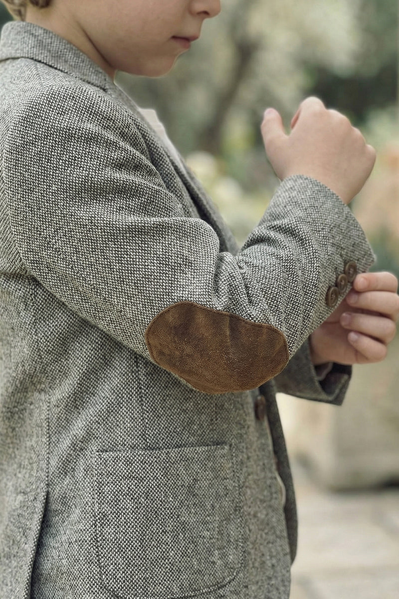 Boys Gray Elbow Patch With Brown Suede Fabric Single-breasted Blazer