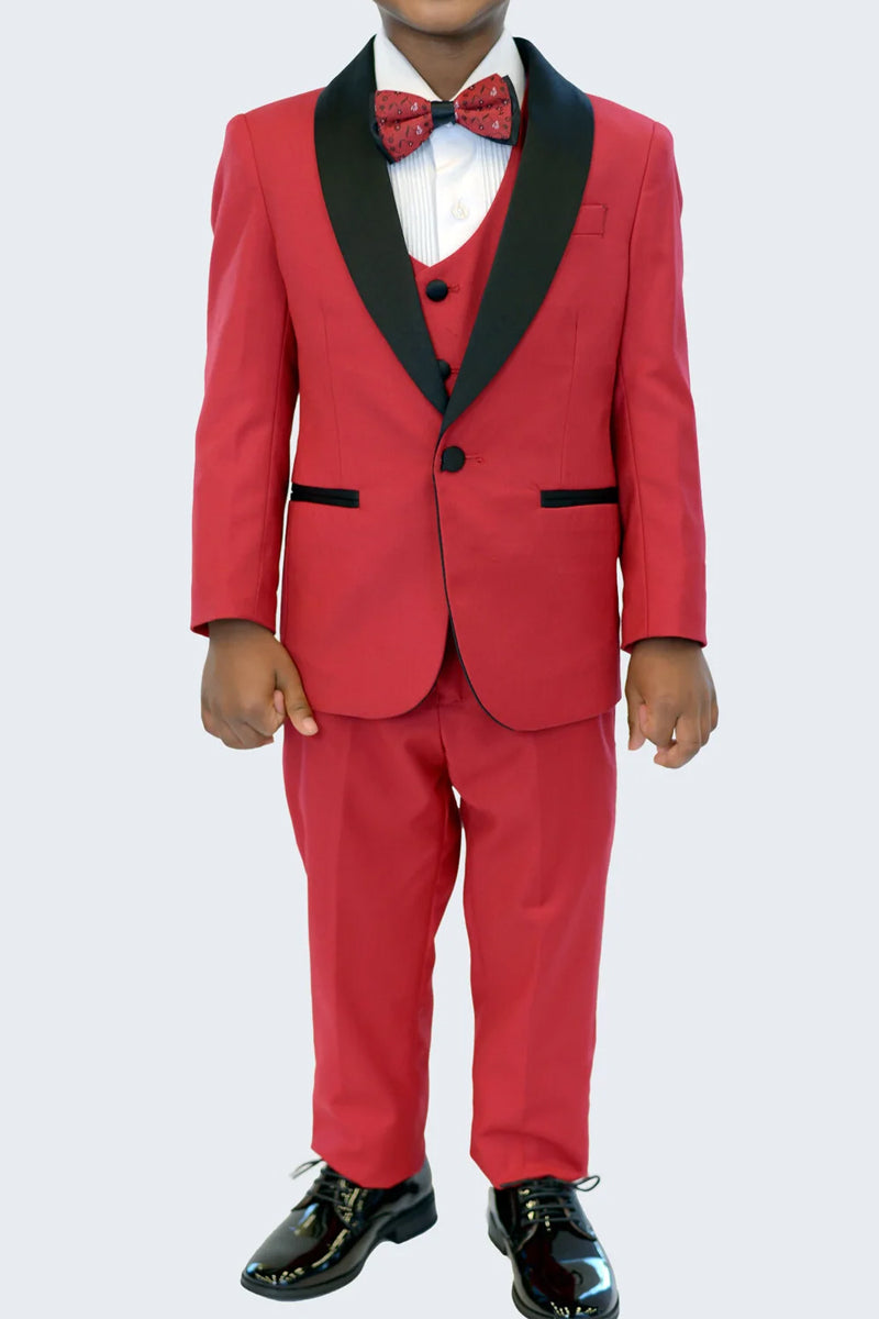Boys Red Single-breasted 3-piece Suit
