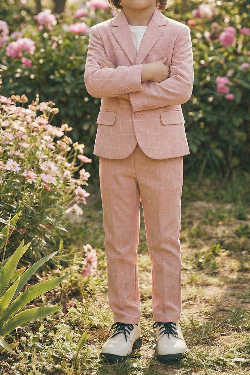 Boys Pink Plaid Linen Straight Fit Trousers