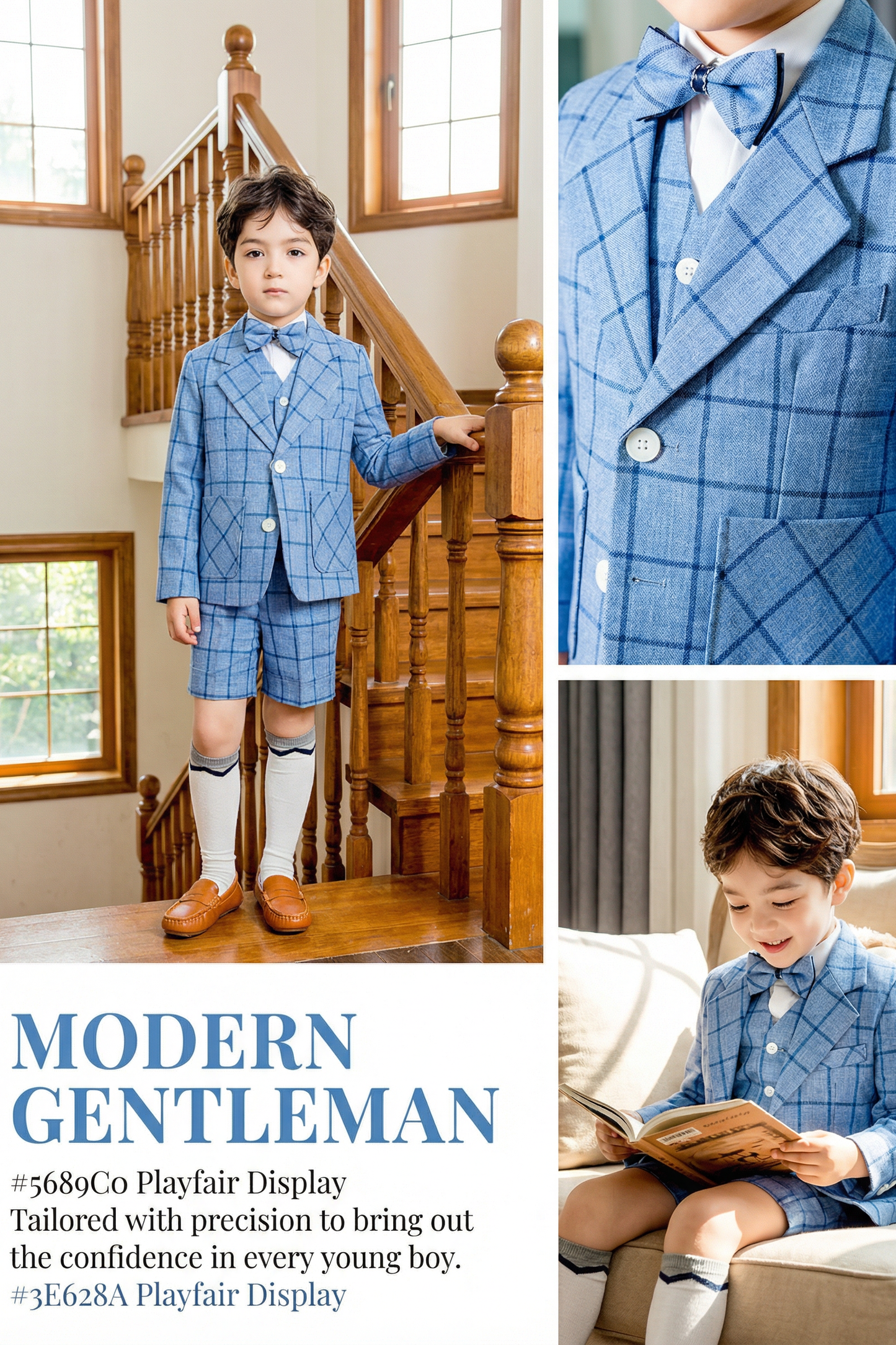 Boys Blue Fashionable Checkered Single-Breasted 3-piece suit set
