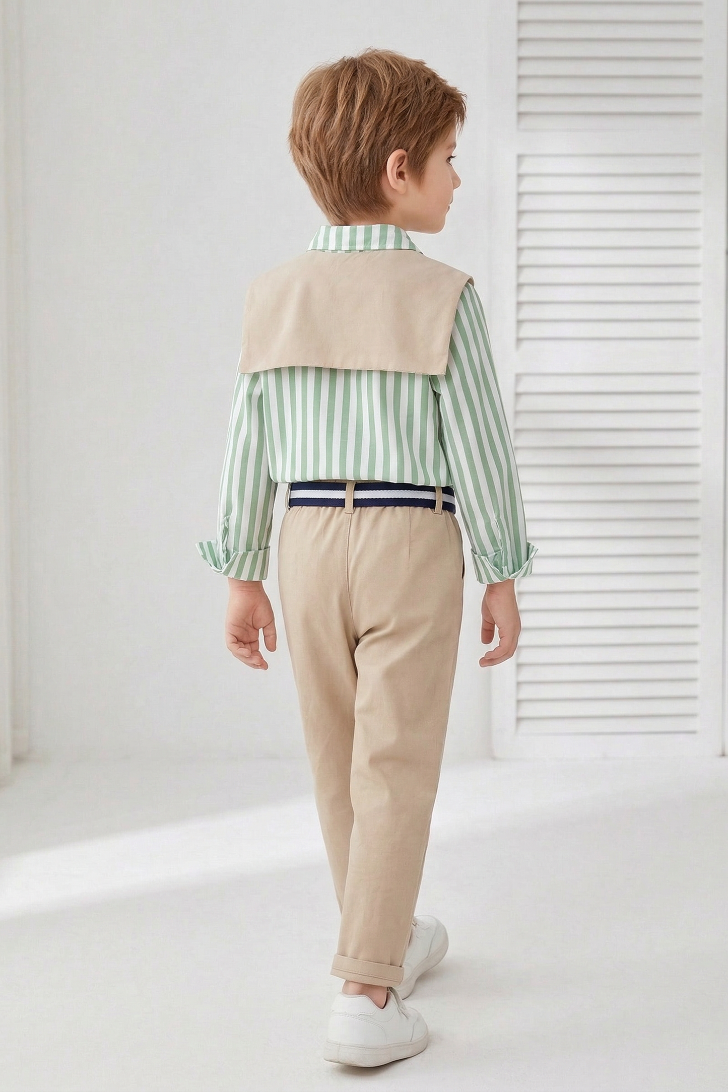 Green White Striped Shawl Long Sleeved Shirt