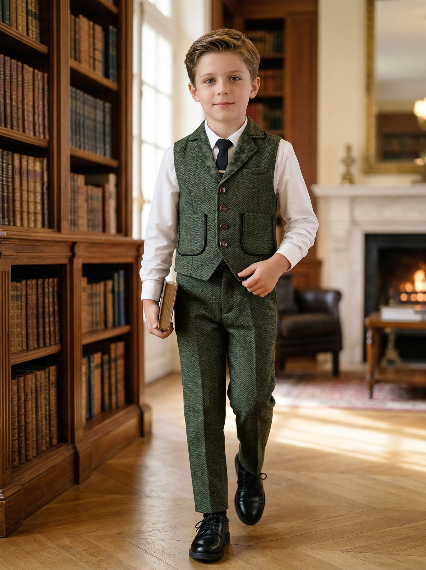 Dark Green V-neck Herringbone 2-Piece Set