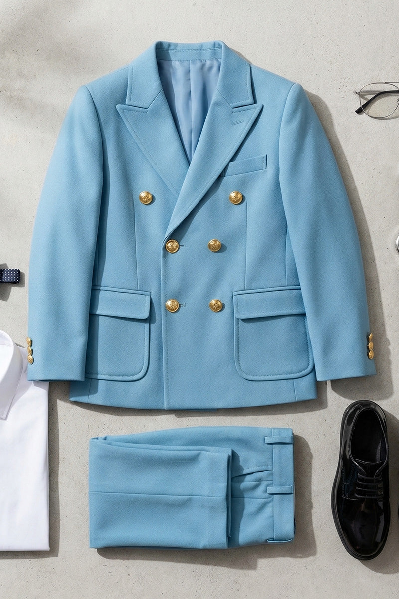 Boys Sky Blue Double-Breasted 2-Piece Suit