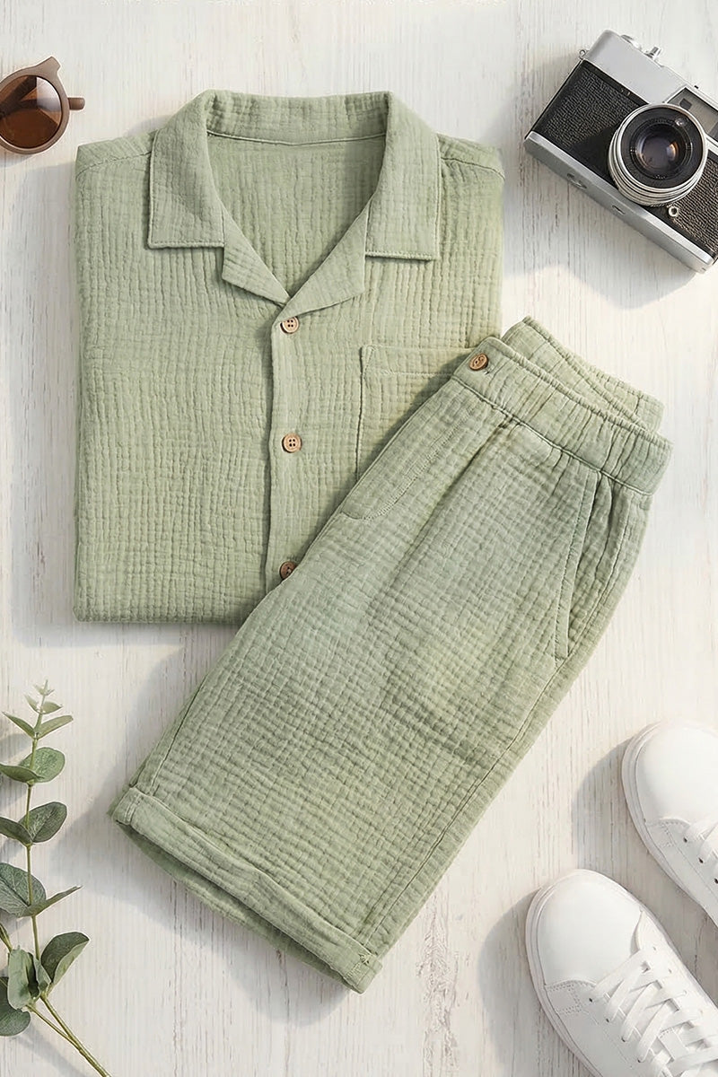 Boys Sage Green Linen Short-Sleeve Shirt & Shorts Set