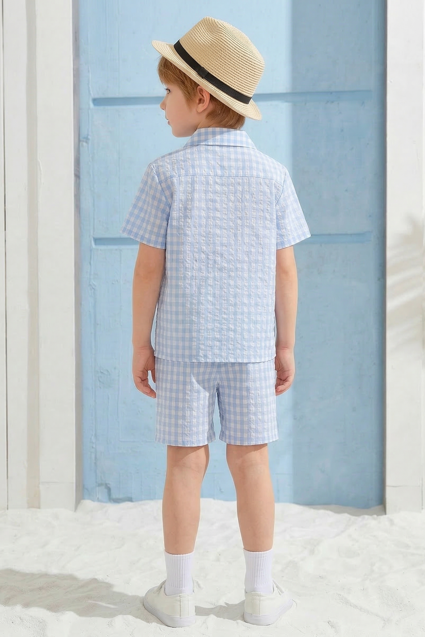 Blue And White Checkered Shirt 2-Piece Set