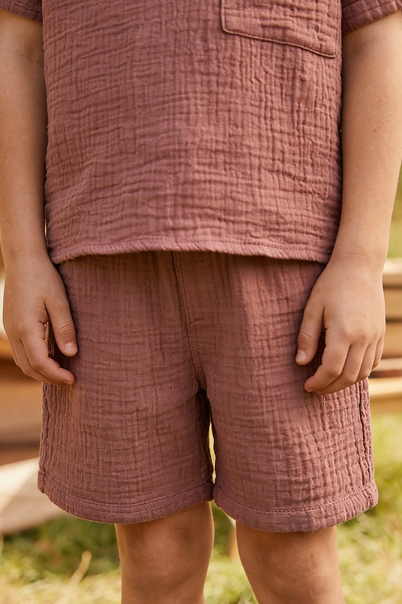 Boys Dusty Rose Crinkle Linen Short-Sleeve Shirt & Shorts Set
