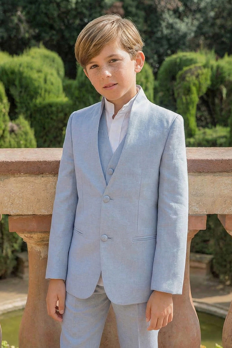 Boys Light Blue Linen 3-Piece Suit