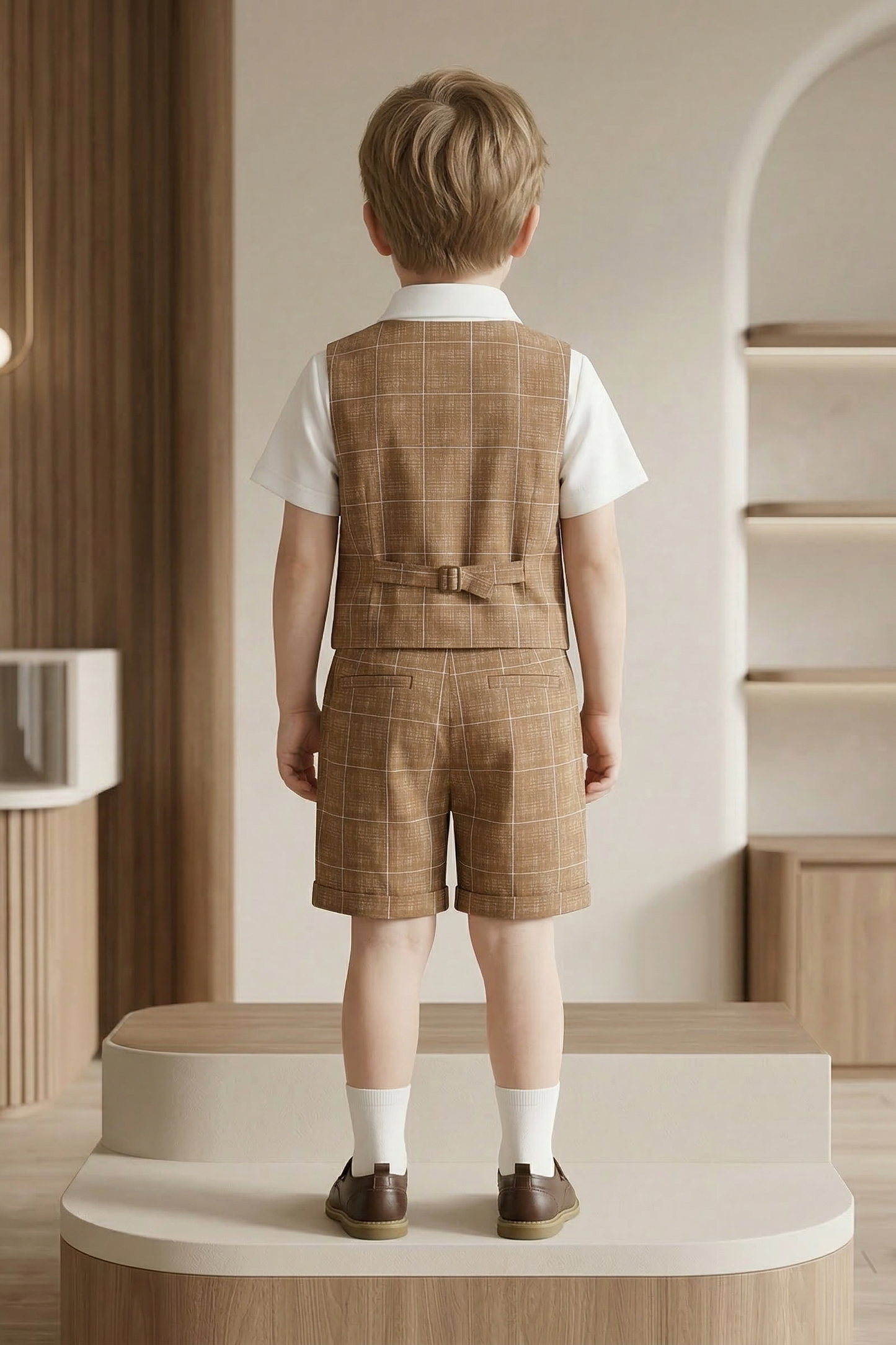 Light Brown Plaid Double-Breasted 2-Piece Set
