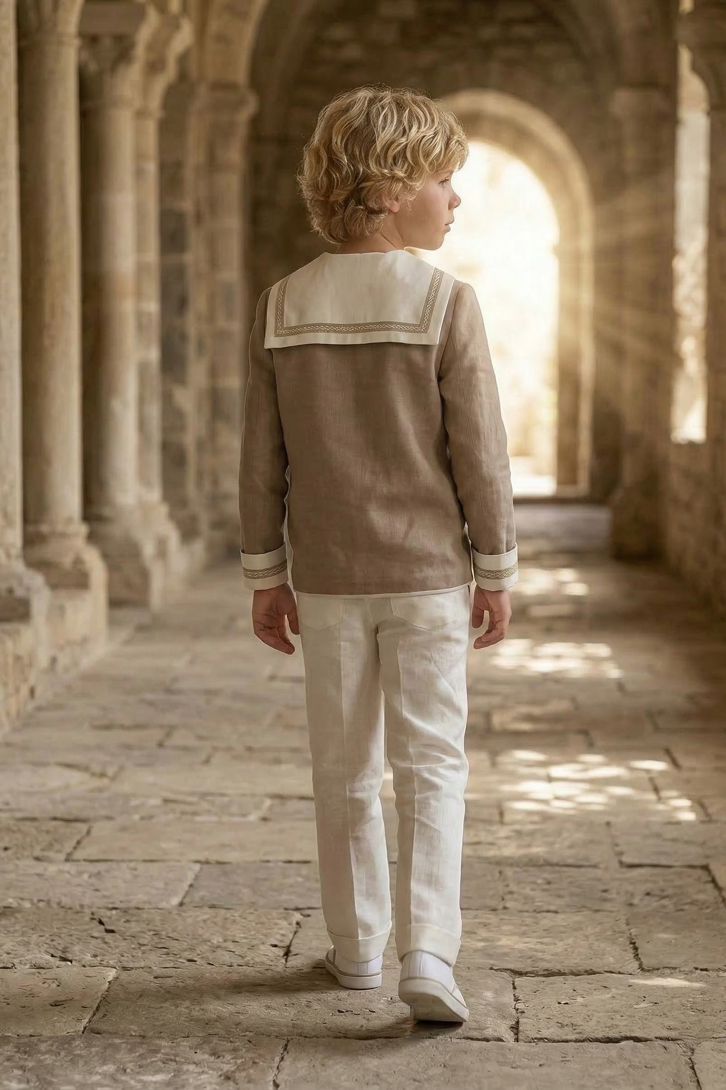 Khaki Linen Blend Sailor Collar 2-Piece Set