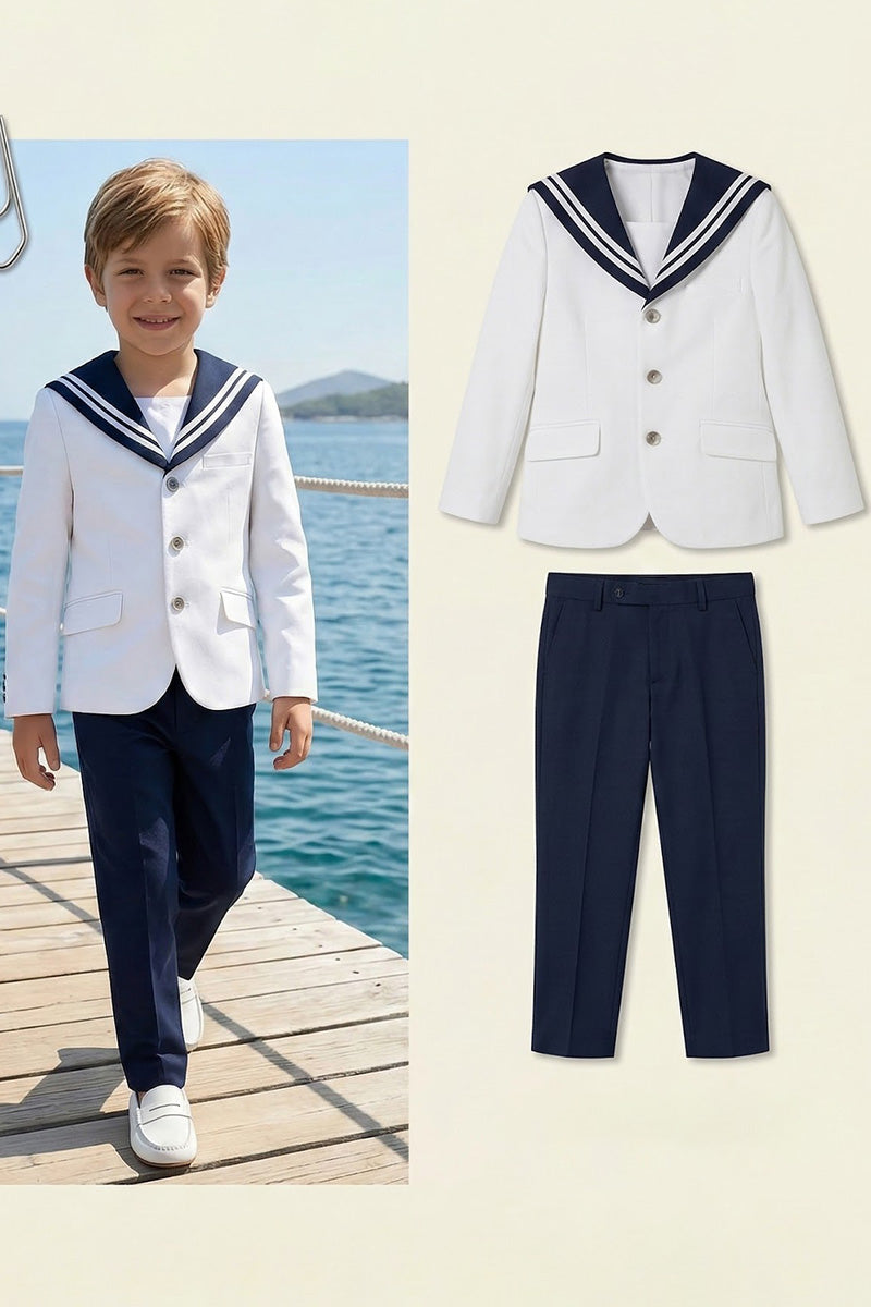 Boys White Sailor Collar Jacket & Trousers 2-Piece Suit