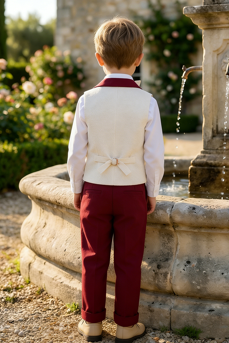 Boys Ivory Contrast Vest & Burgundy Trousers Set