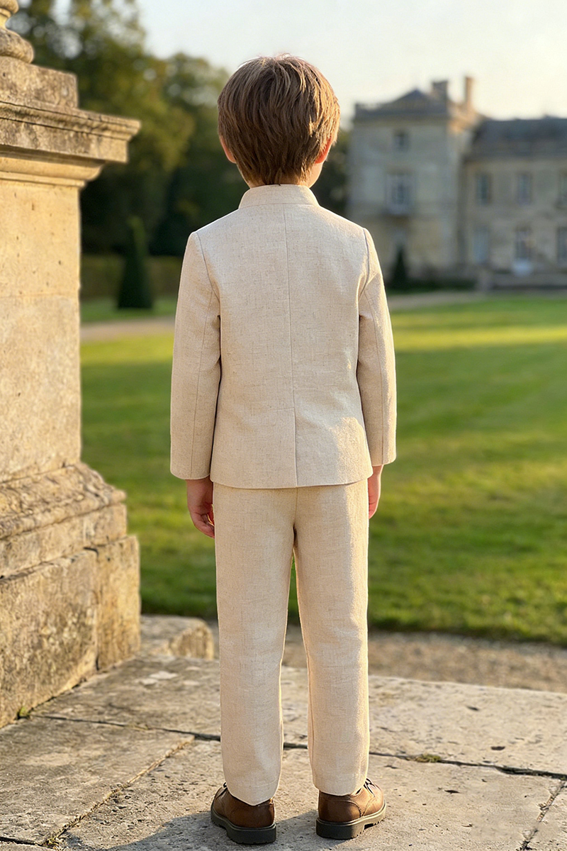 Boys Beige Linen Mandarin Collar 2-Piece Suit