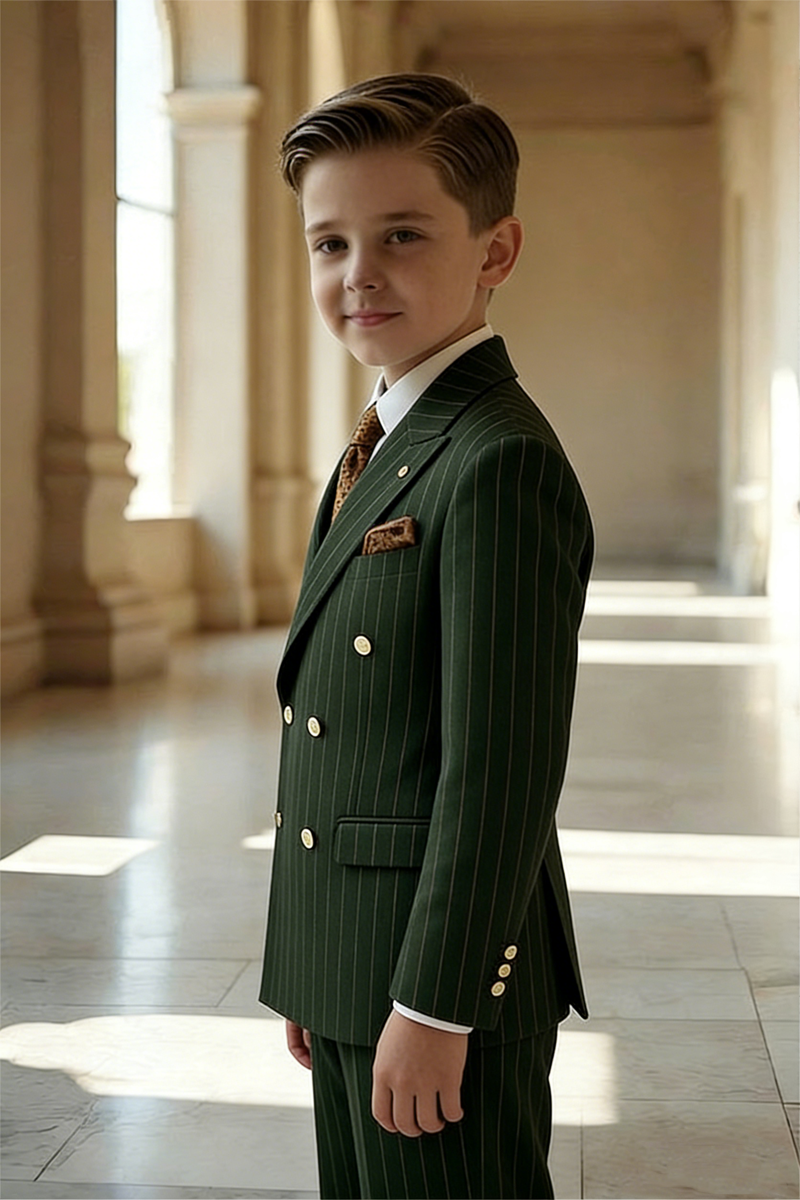 Boys Green Pinstripe Double-breasted 2-piece Suits