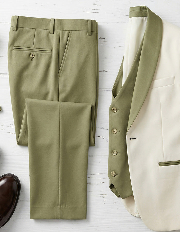 Boys Ivory & Olive Contrast 3-Piece Suit
