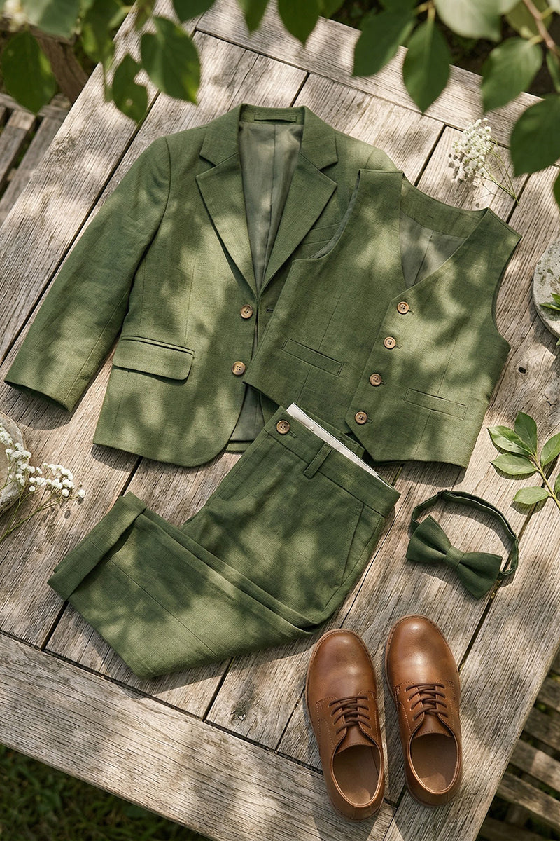 Boys Olive Green Textured 3-Piece Suit