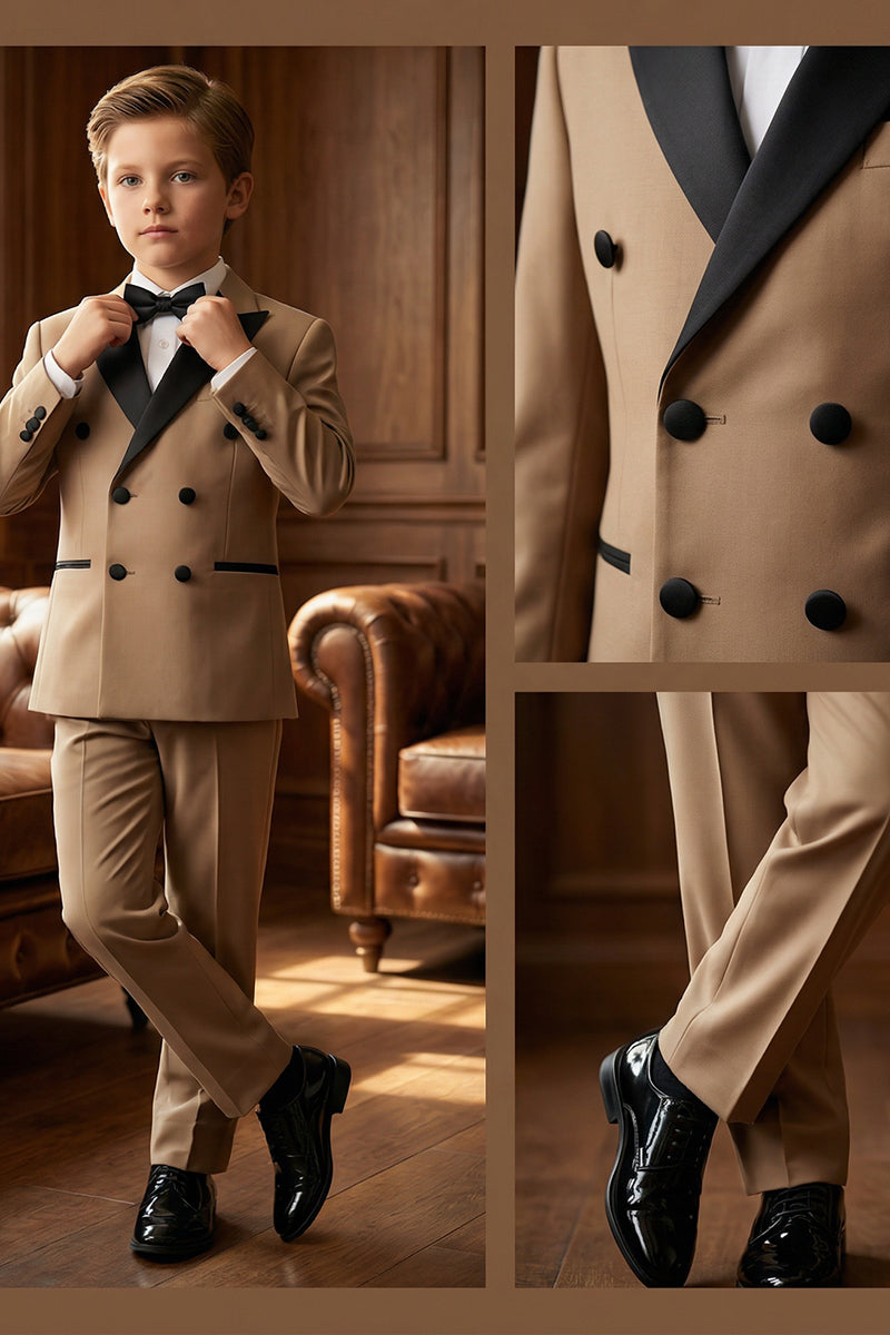 Boys Tan with Black Satin Lapel Tuxedo 2-piece Suit