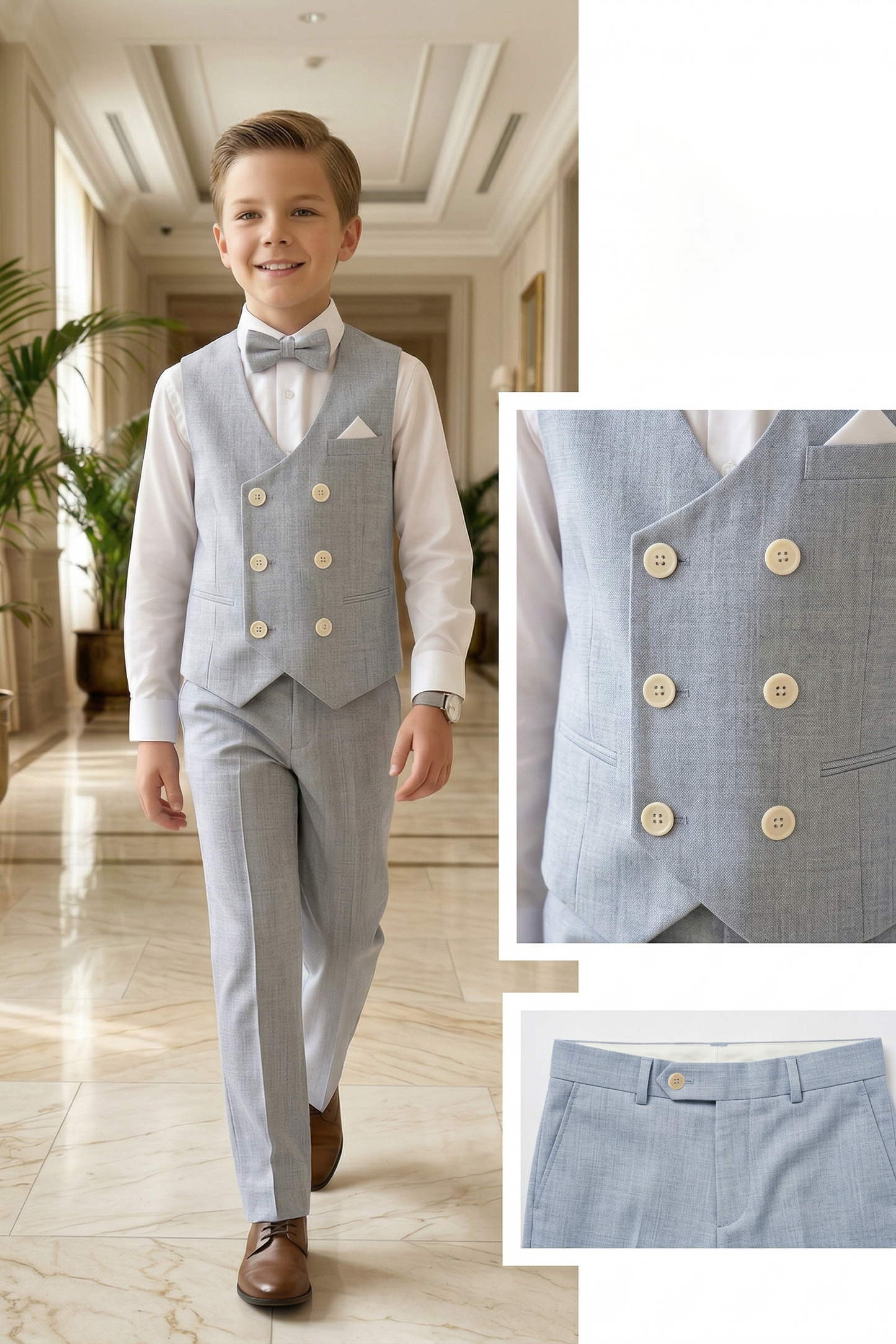 Light Blue-Gray Cotton-Linen Blend Double-Breasted 2-Piece Set