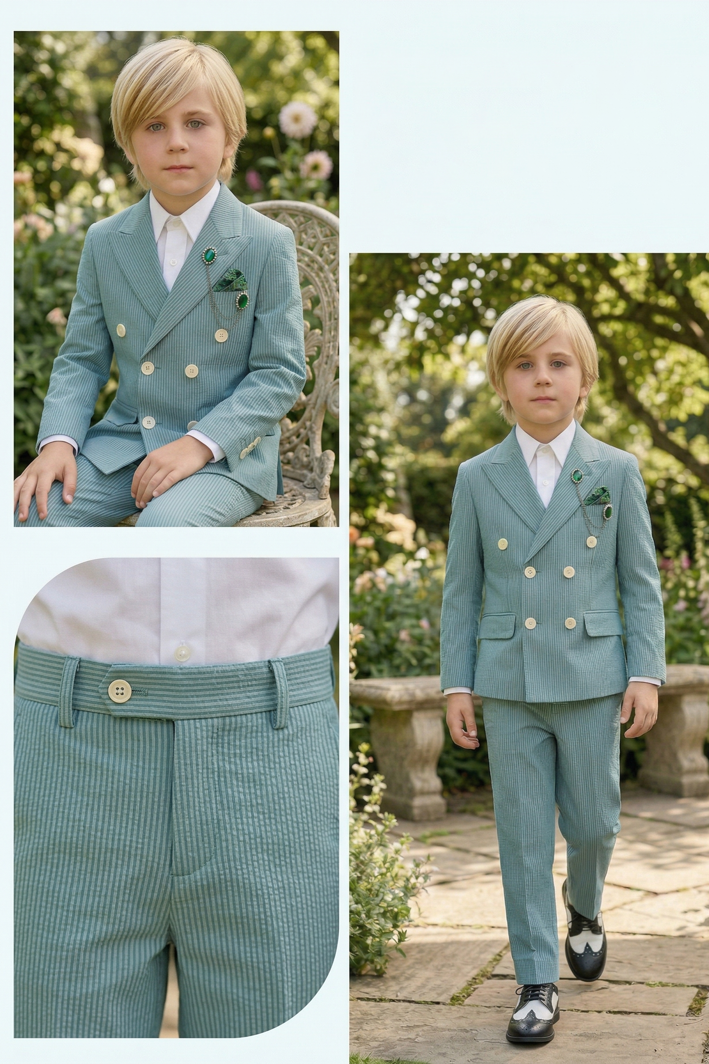 Mint Green Striped Seersucker Double-Breasted 2-Piece Suit